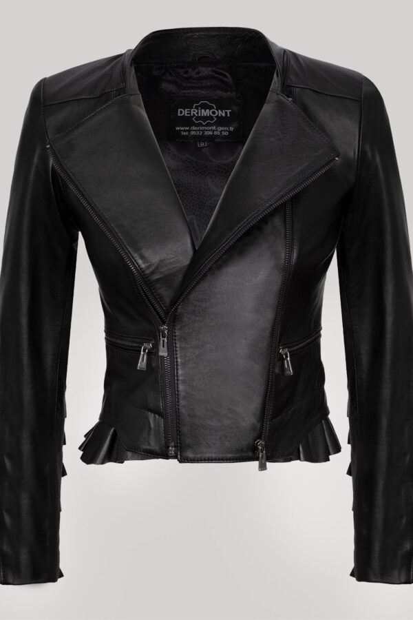 Kurtka skórzana damska z prawdziwej skóry w kolorze czarnym z falbankami i zamkiem błyskawicznym 1