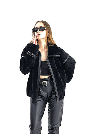 Black Shearling Aviator - czarny kożuszek - obrazek 4