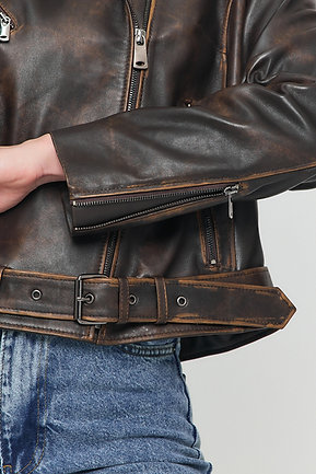 Rustic Biker - przecierana brązowa kurtka skórzana - obrazek 8