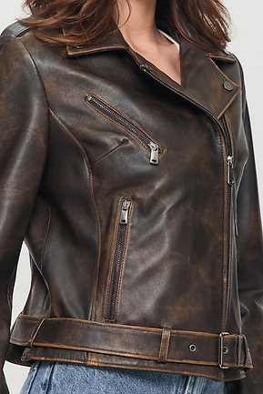 Rustic Biker - przecierana brązowa kurtka skórzana - obrazek 10